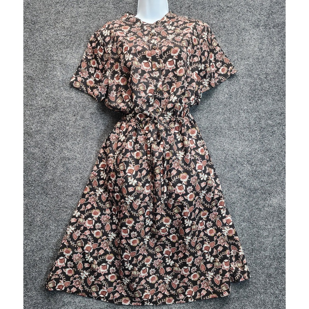 Lands' End Womens Floral Paisley Button Front Drawstring Midi Dress Size M 10-12
